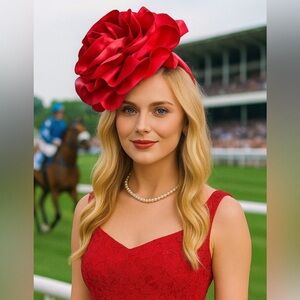 Red Floral Rose Fascinator Headband Kentucky Derby Ready Tea Garden Church Hat